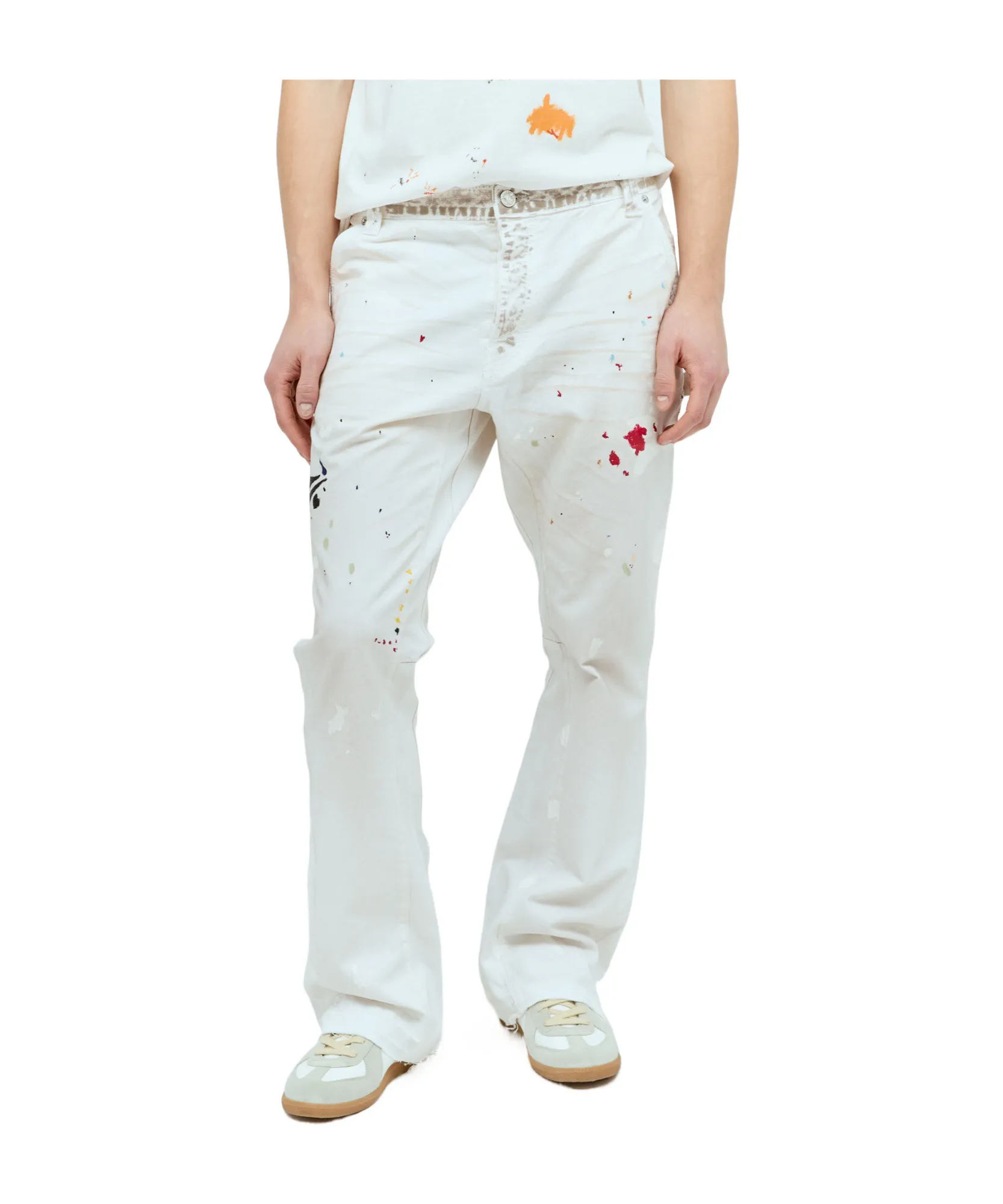 GALLERY DEPT. PAINTED CARPENTER FLARE graffiti logging pants, size 30/32/34/36, pure logging workwear style! Super heavy industry, mud dyeing and cleaning, worn out holes, all molded and customized, accessories are complete and correct! Artificial ink graffiti, tedious and heavy work
